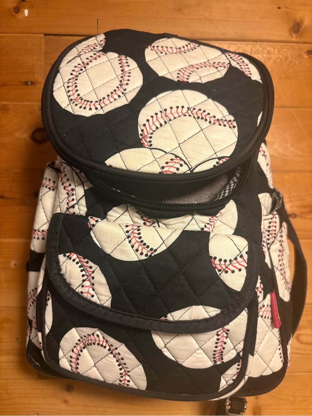 N.Gil Small Quilted Baseball/Softball Backpack Bag Zip Black/White/Red 10L